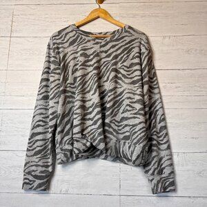 Knox Rose Sweatshirt Womens Size XL Heather Grey Zebra Print with Twist at Hem